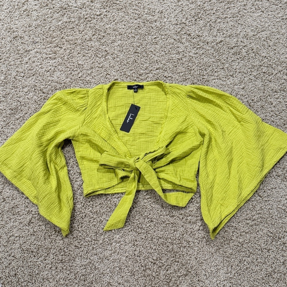 Lulus Lime Green Women's Tie-Front Top Cotton Small - Picture 2 of 6